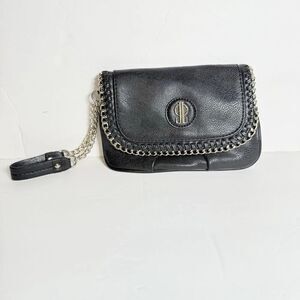 JLO Jennifer Lopez Black Wristlet Clutch Gold Chain Trim Flap Purse